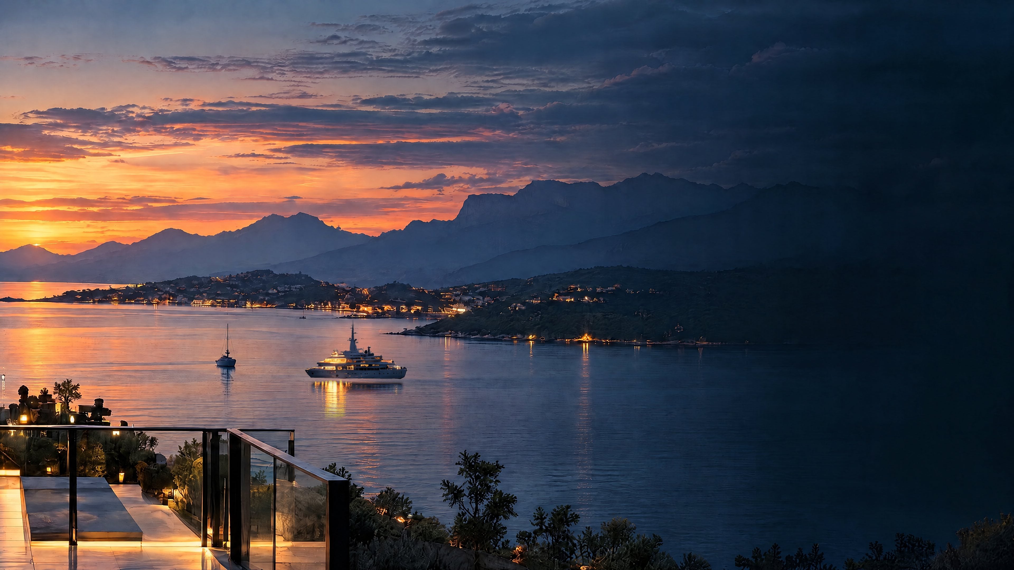 A calm bay at dusk, a lit yacht on the water beneath mountains and the lights of a shoreline town.
