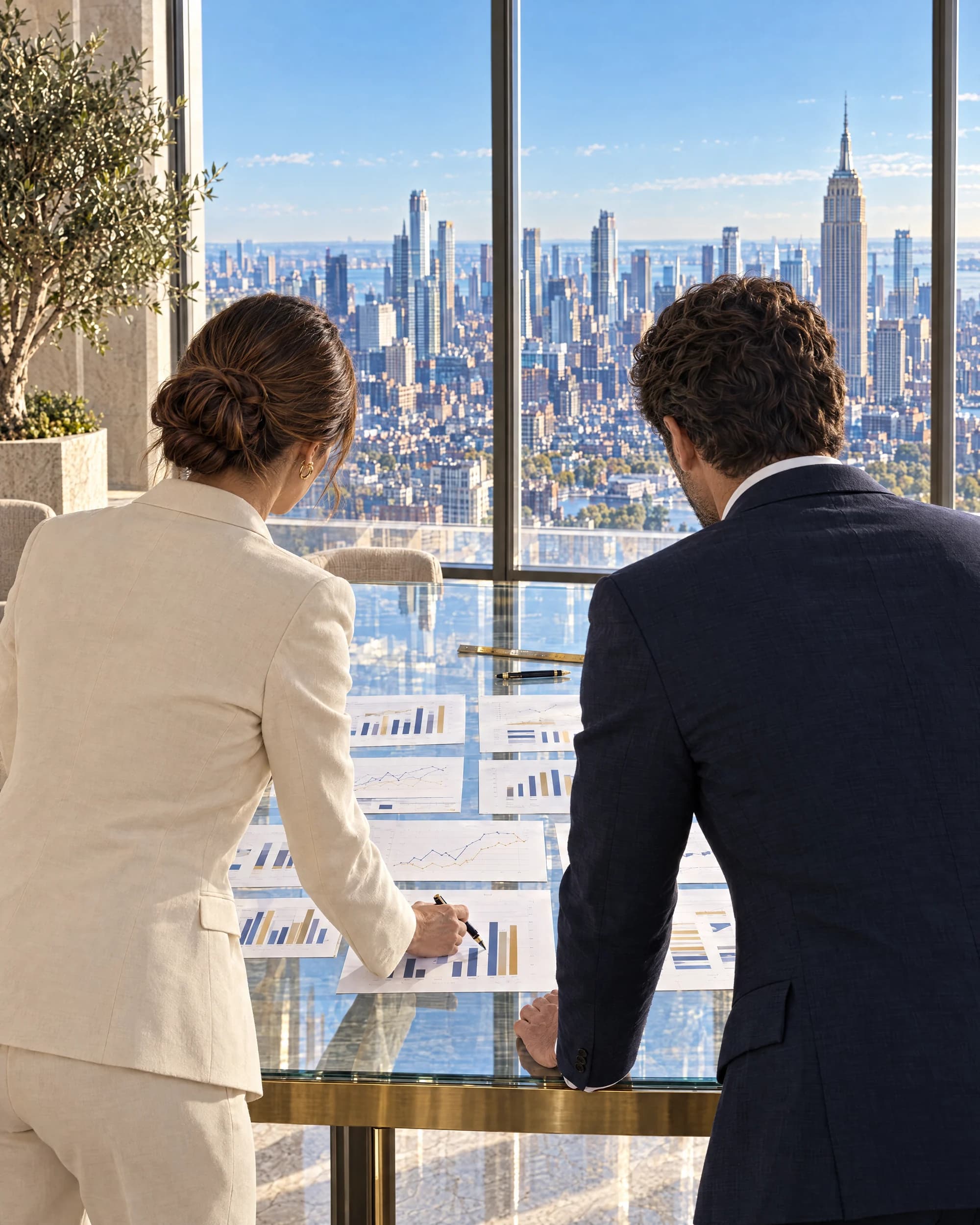 Seen from behind, two advisers, a woman in a cream suit and a man in navy, review printed charts laid on a glass table, with New York's skyline beyond the window.