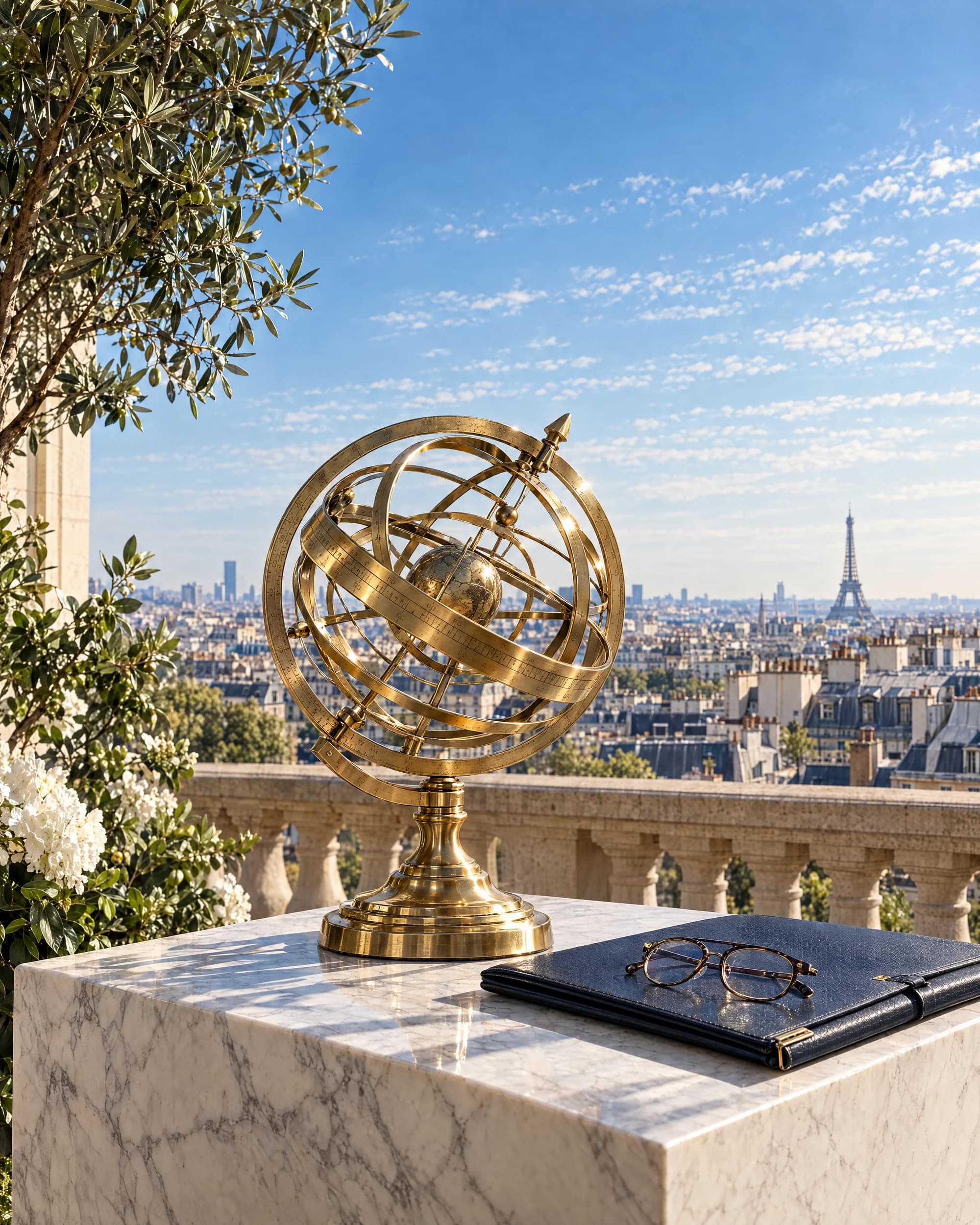A brass armillary sphere on a white marble plinth on a sunlit Paris terrace, a navy folio and reading glasses beside it, the Eiffel Tower on the horizon.