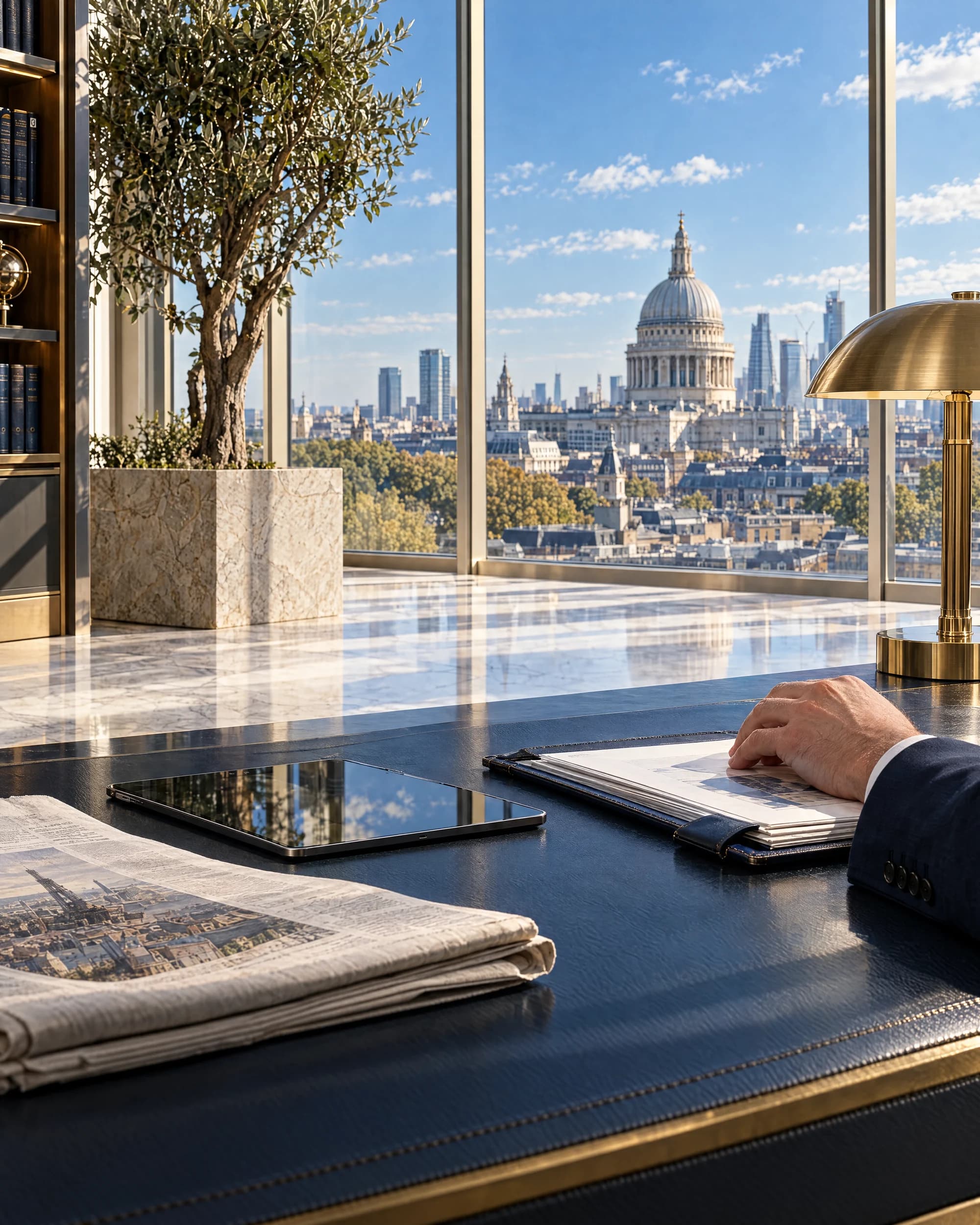 A navy leather desk in a sunlit study above London: a folded newspaper, a tablet, a briefing folio under a hand in a navy sleeve, St Paul's beyond the windows.