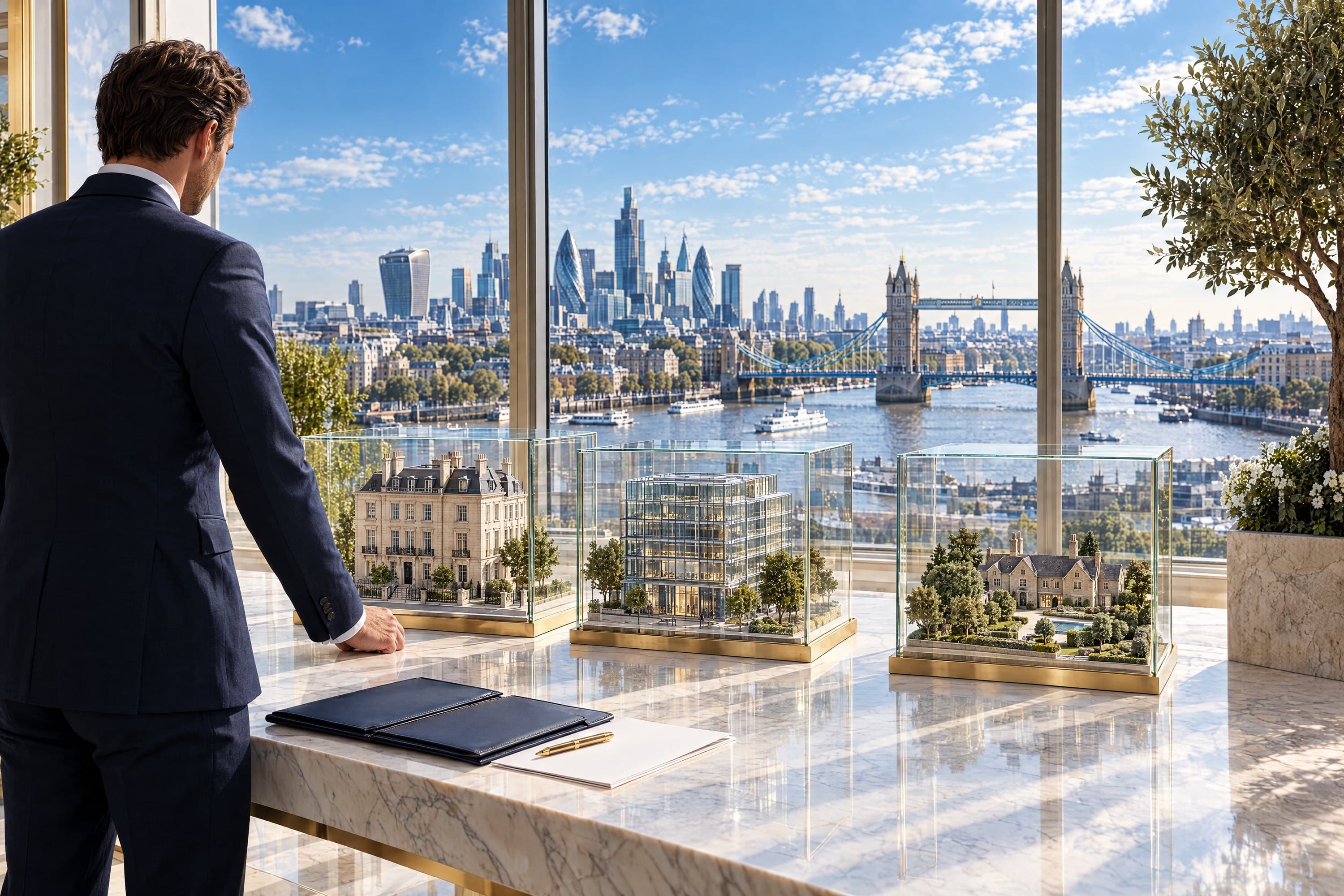 A wealth adviser at a sunlit marble desk looking over three glass-cased models, a townhouse, an office building and a country house, with London and Tower Bridge beyond the windows.