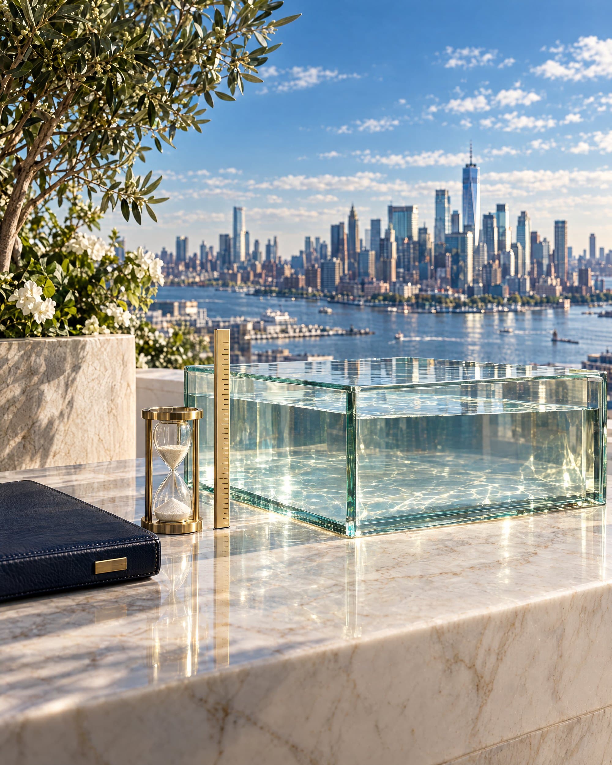A glass basin of clear water on a sunlit marble terrace, a brass measuring rule standing against it beside an hourglass and a navy folio, New York's skyline beyond.