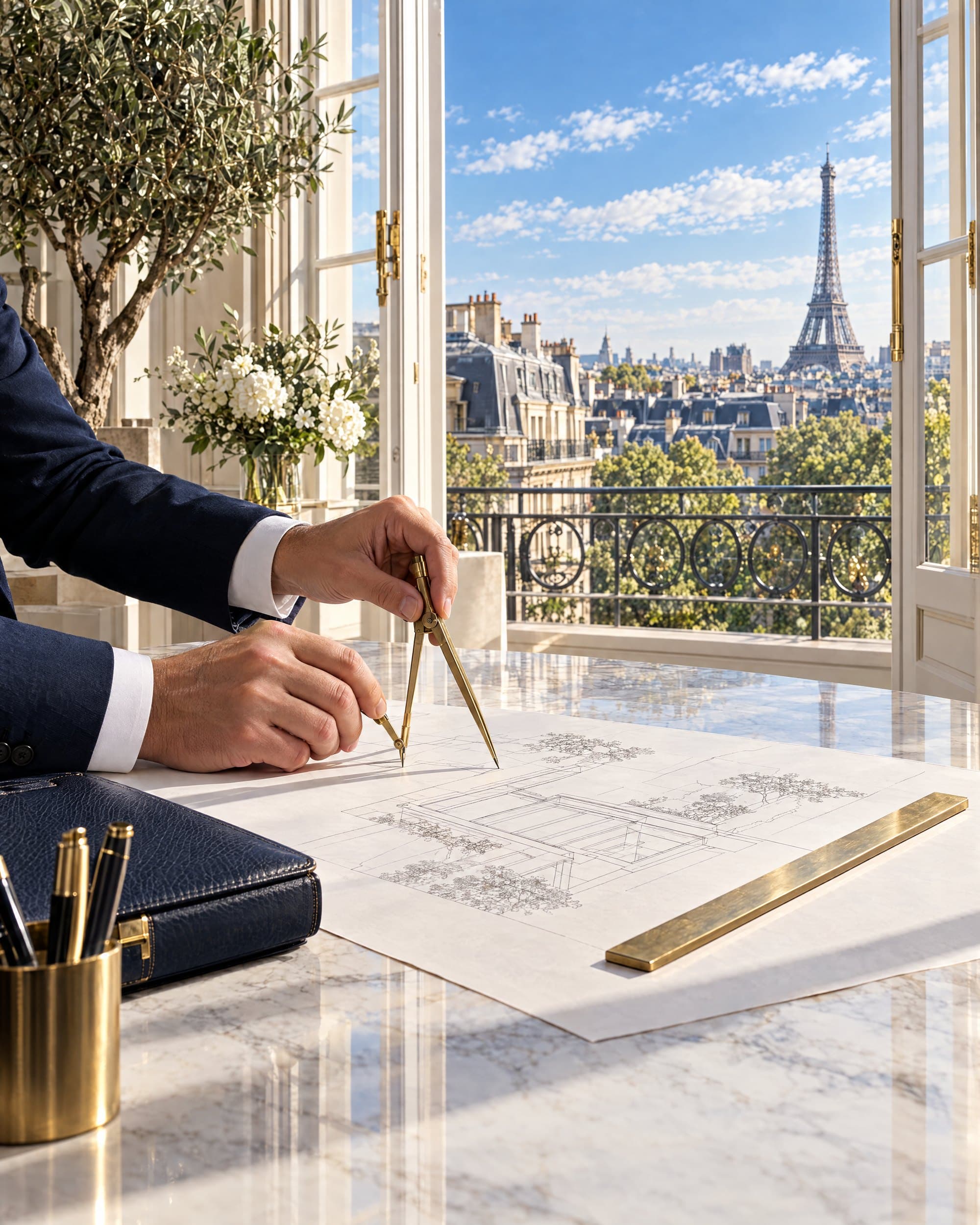 An adviser's hands drawing the elevation of a garden pavilion with brass dividers at a marble table, the Eiffel Tower beyond the open windows.