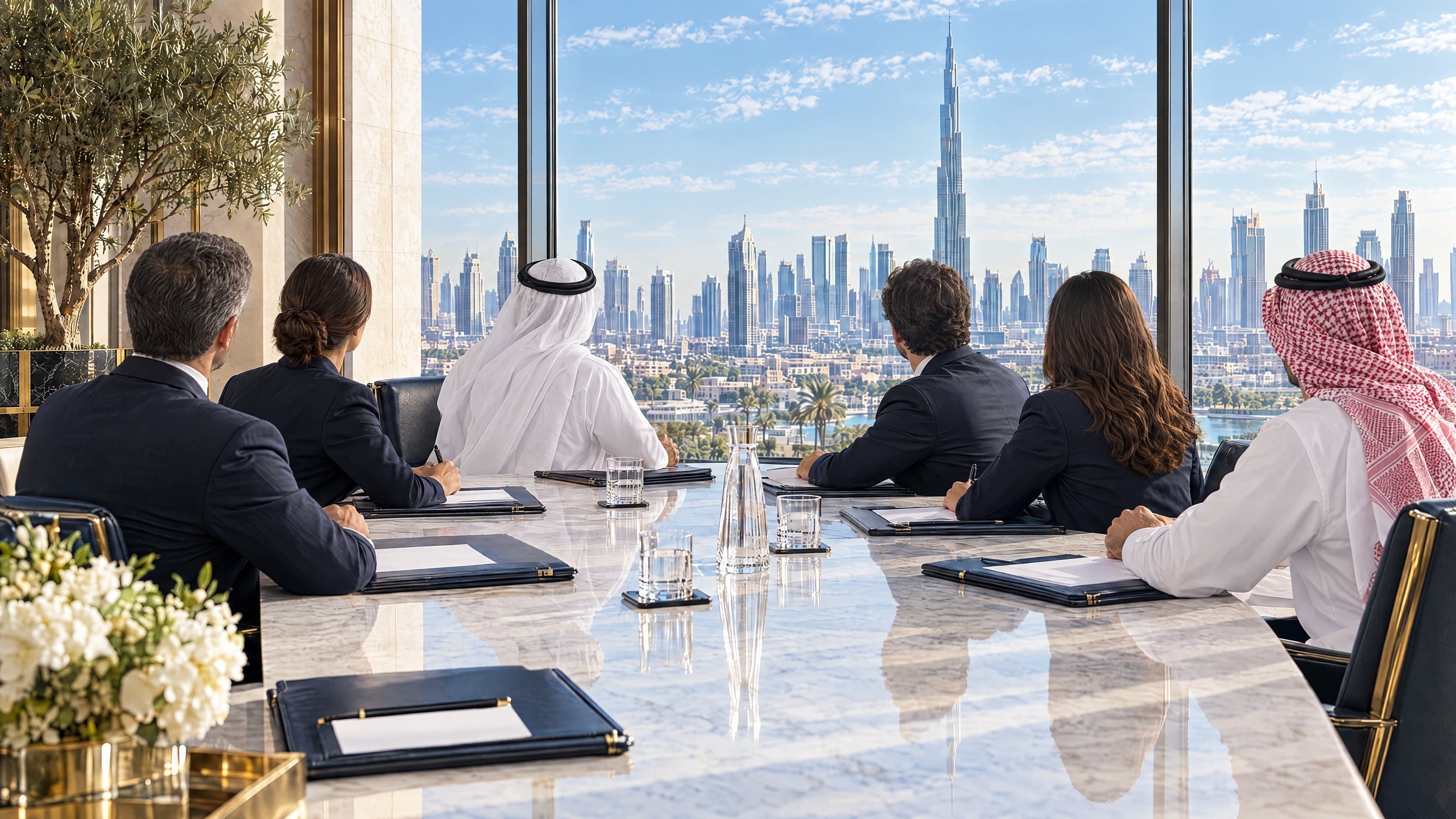 A meeting of advisers around a long marble table, seen from behind as they face the windows, one of them in Gulf dress and one in a red shemagh, Dubai's skyline beyond.