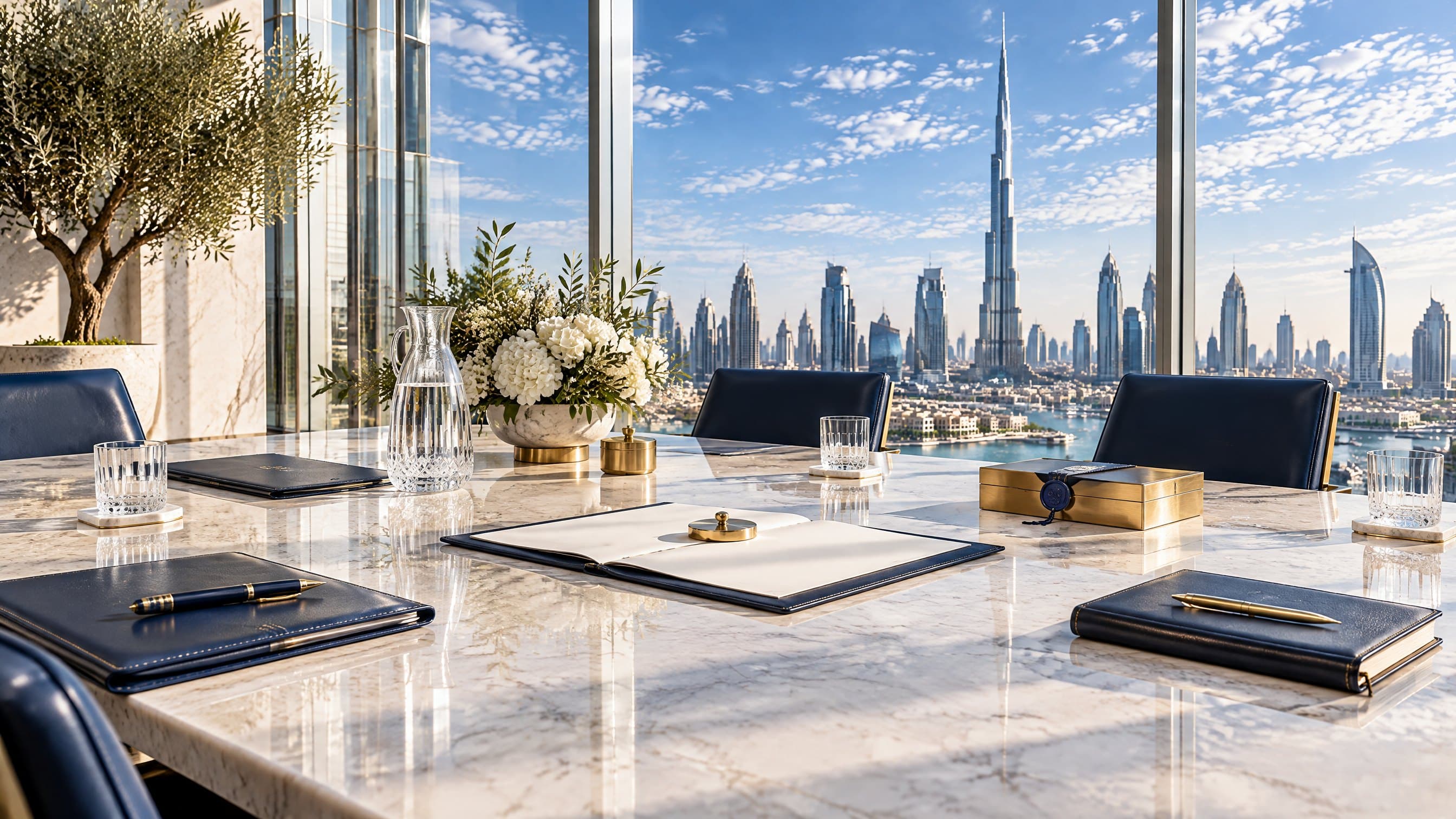 A long marble table laid for a meeting of advisers, each place set with its own navy folio, ledger or sealed brass box around one open folio in the centre, Dubai's skyline and the Burj Khalifa beyond the windows.