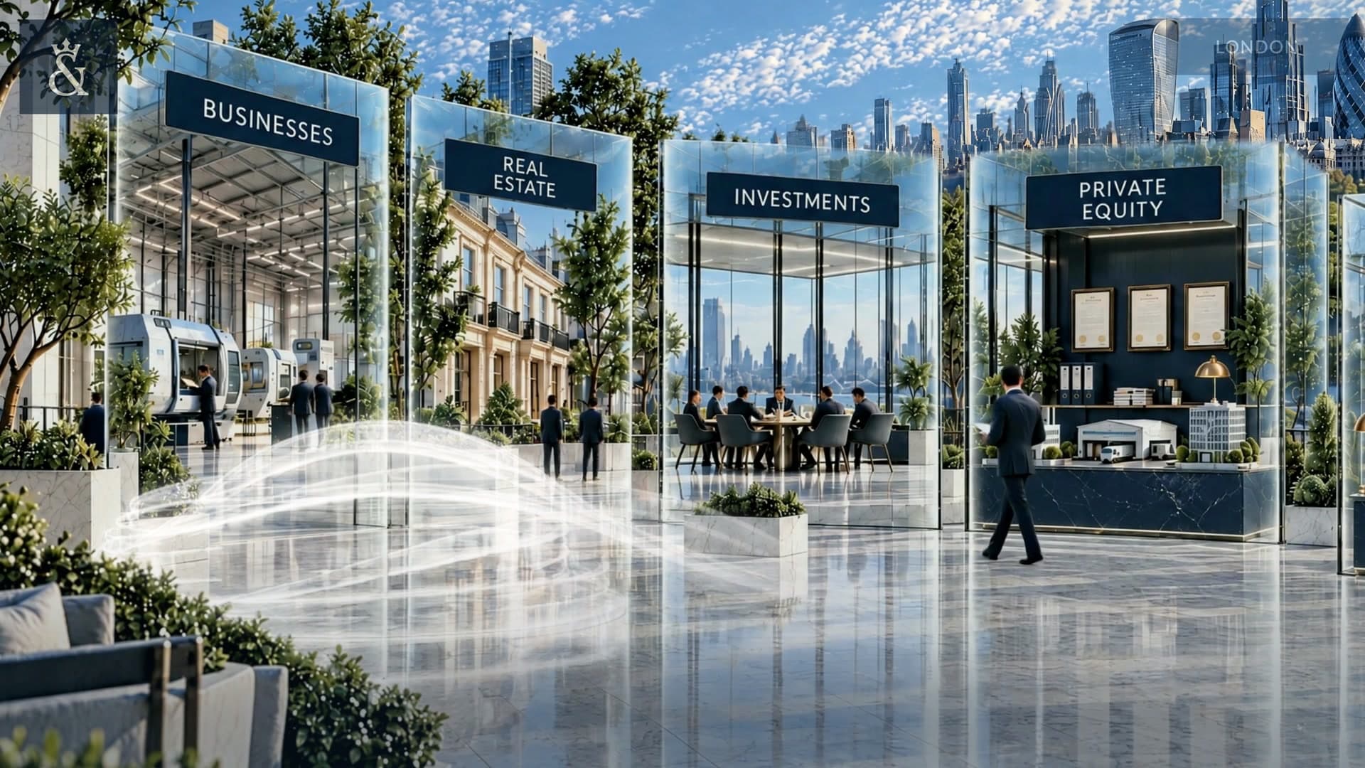 شرفة مشمسة تطلّ على نهر التايمز في لندن: ثلاثة ألواح زجاجية عالية تؤطّر ورشة عمل ومنزلاً عريقاً واجتماعاً، وشريط من الضوء العاجي يلتفّ على الأرضية الرخامية ويمتدّ نحو النهر، وجسر البرج في الخلفية.