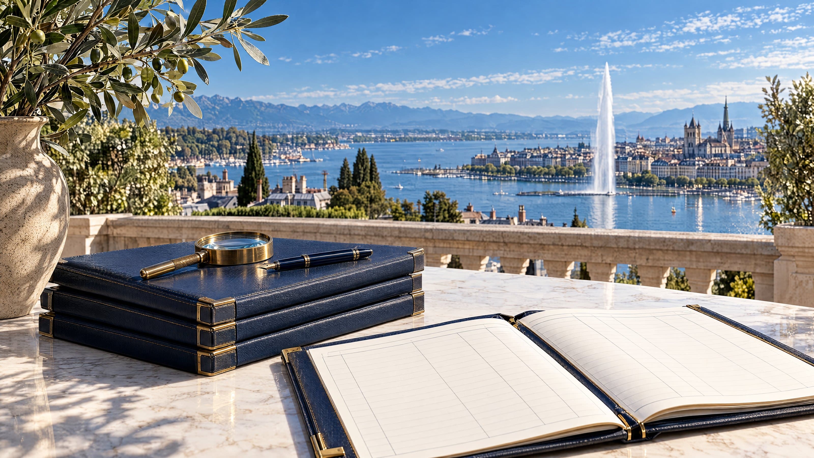 دفاتر جلدية كحلية مع عدسة مكبّرة نحاسية وقلم حبر على مكتب رخامي مشمس، وخلف الشرفة بحيرة جنيف ونافورتها.